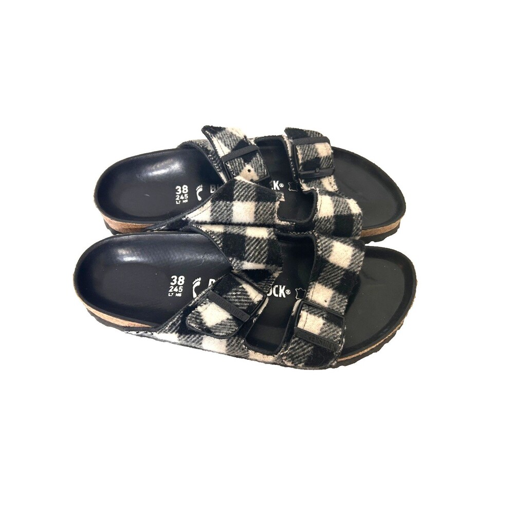 Birkenstock Black & White Plaid Arizona Sandals Women's size 38 7 Shoes EUC